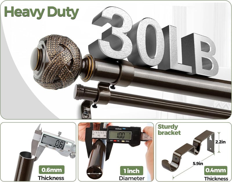 USFOOK 1 Inch Double Curtain Rods 72 to 144 Inches (6 to 12 ft), Bronze Drapery Rods for Windows 69 to 140 Inches, Telescoping Dual Curtain Rod with Woven Leaf Finials - Image 5